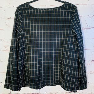 J Jill Ponte Black Beige Windowpane Plaid Long Sleeve Top Size Large Classic